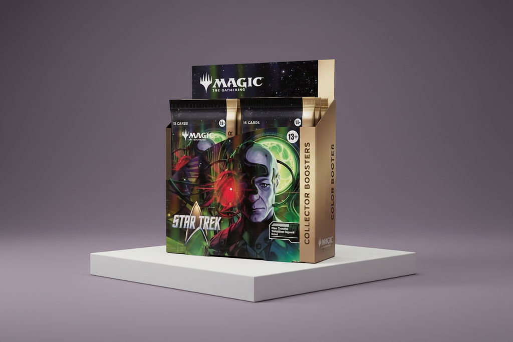Caja de Star Trek sobre pedestal con fondo violeta