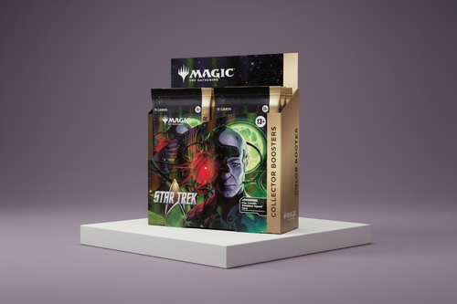 Caja de Star Trek sobre pedestal con fondo violeta
